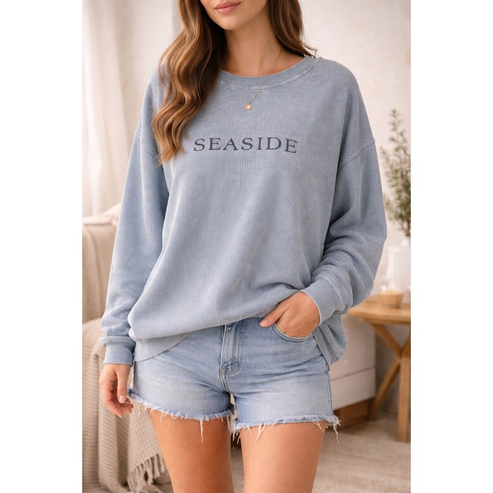 Chicka-d Seaside Sweatshirt XL Faded Blue Corded Cotton Coastal Graphic